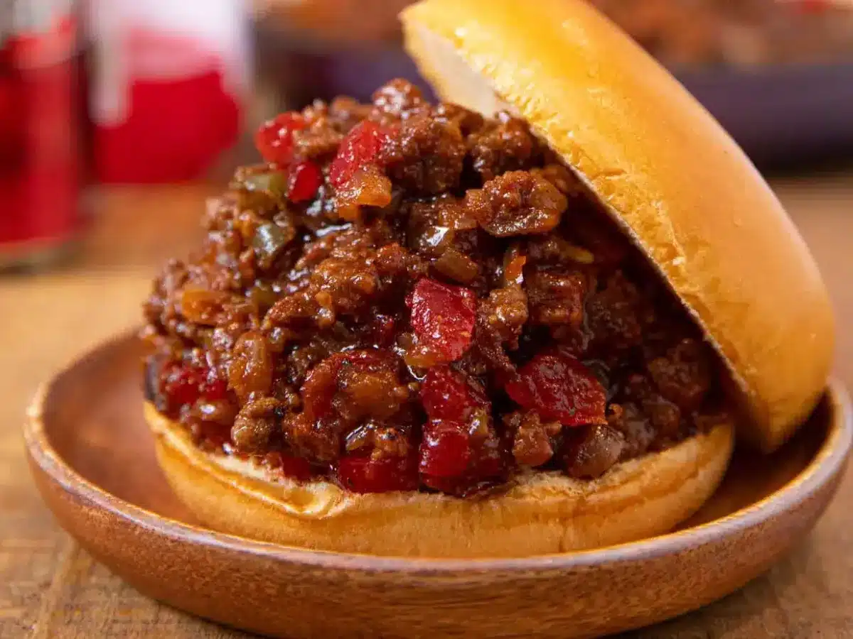 Meat mixture served on bun with bun open