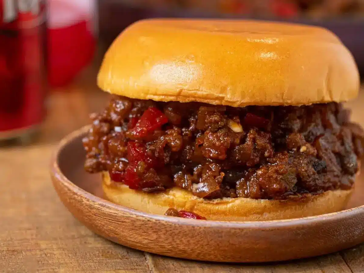 bun with meat mixture served on plate with Dr Pepper