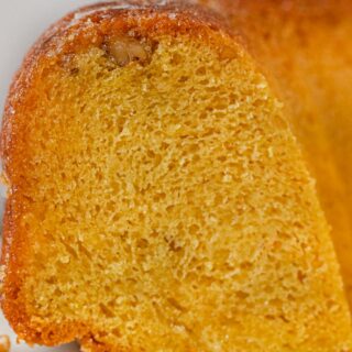 Easy Rum Cake on cake stand