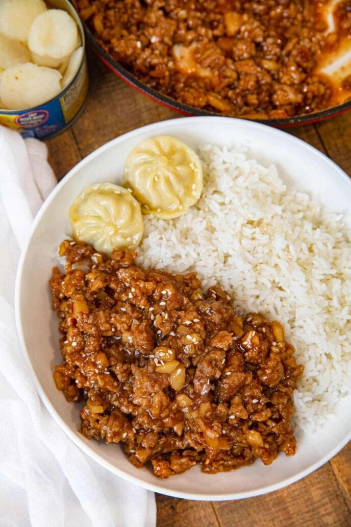 Ground General Tso's Chicken in bowl with rice