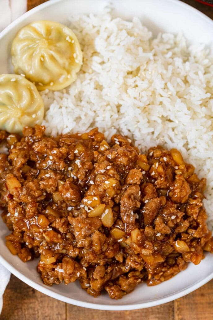 Ground General Tso's Chicken in bowl with rice