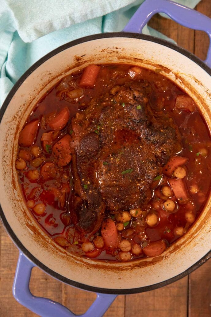 Pot roast ingredients in a Dutch oven