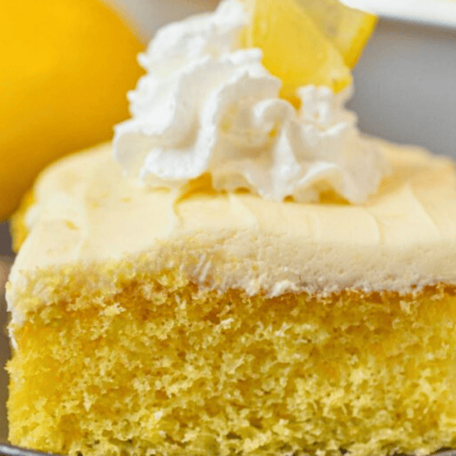 Slice of cake with frosting and whipped cream