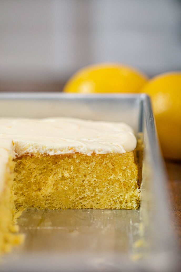 Lemon Sheet Cake cross section in baking pan