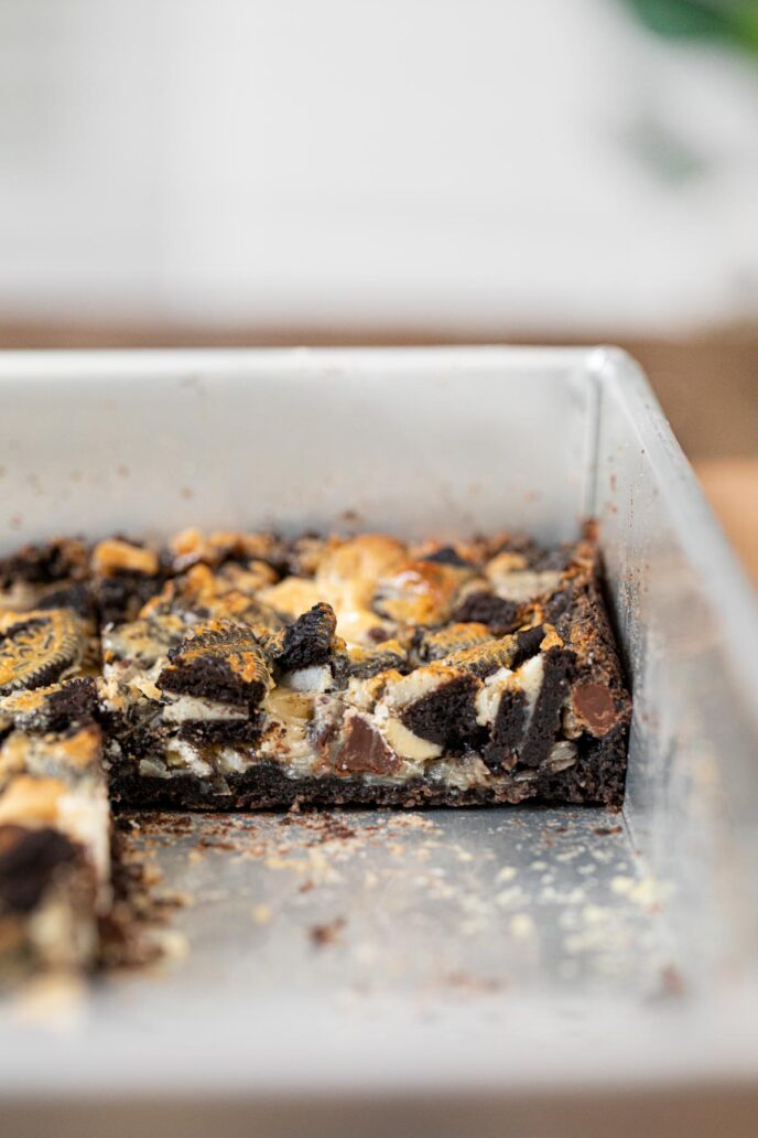 Oreo Magic Layer Bars in baking pan