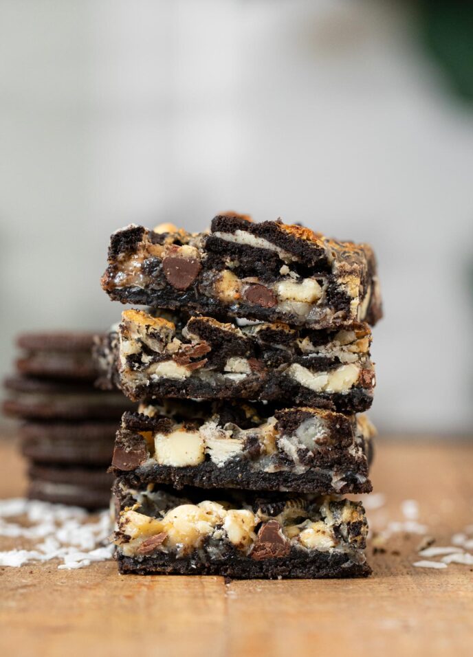 Oreo Magic Layer Bars in stack