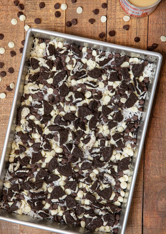 Oreo Magic Layer Bars in baking pan