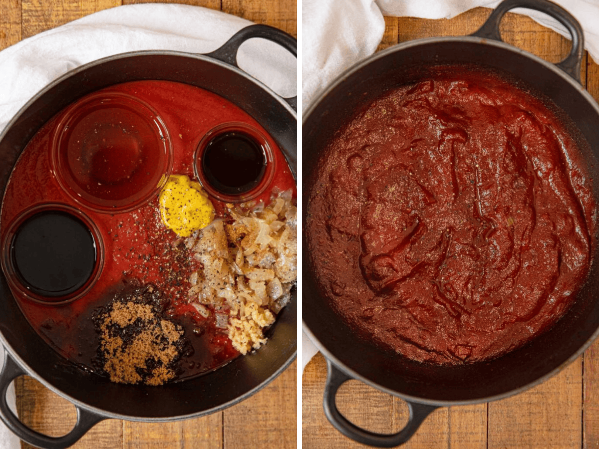 ingredients in a pot before and after for bbq sauce 