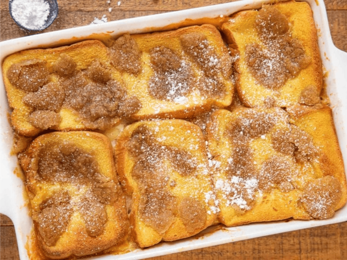 top down view of casserole in white dish 