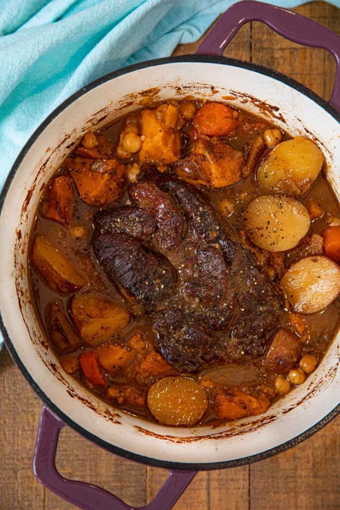 Moroccan Chickpea Pot Roast in pot, cooked but unshredded