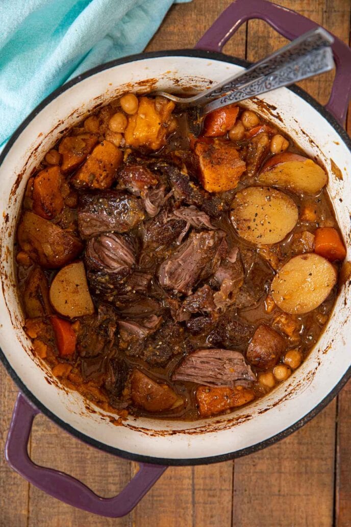 Moroccan Chickpea Pot Roast shredded in pot