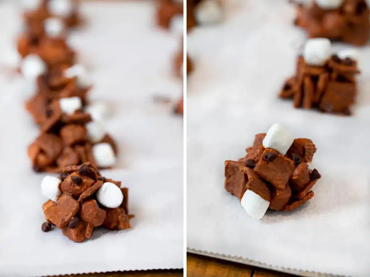 collage of line of cookies on sheet tray 