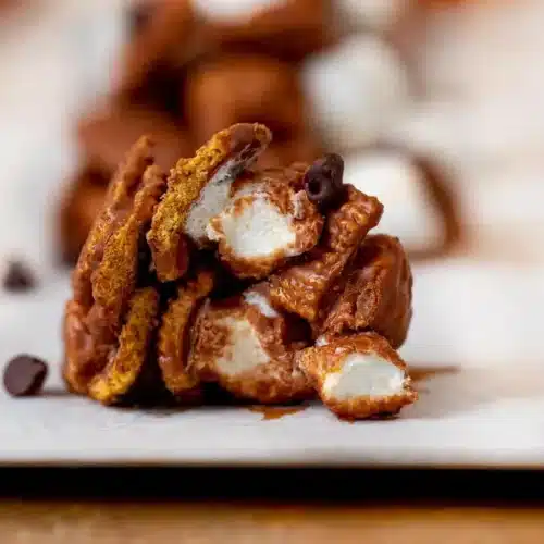 cookie with marshmallow and cereal covered in chocolate
