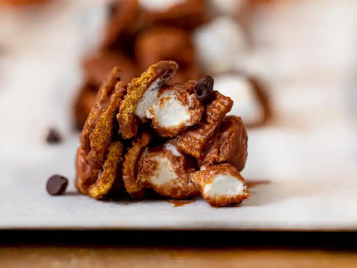 cookie with marshmallow and cereal covered in chocolate 