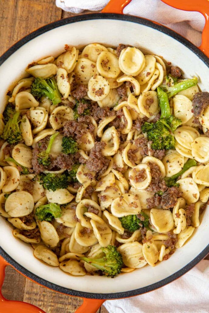 Orecchiette with Sausage and Broccoli in pot