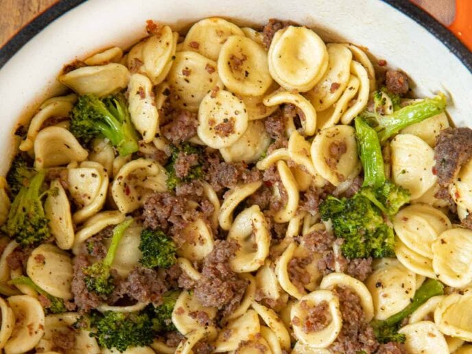 Orecchiette with Sausage and Broccoli in bowl