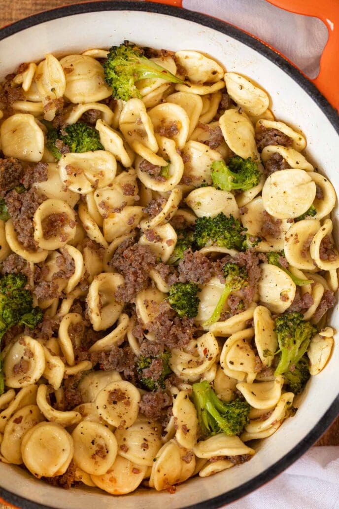 Orecchiette with Sausage and Broccoli in pot