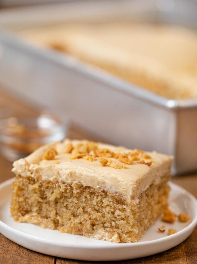 Peanut Butter Sheet Cake slice on plate