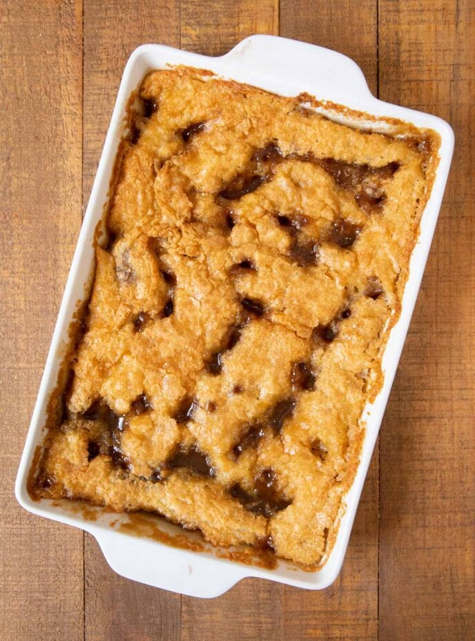 Pecan Cobbler in baking dish, top-down view