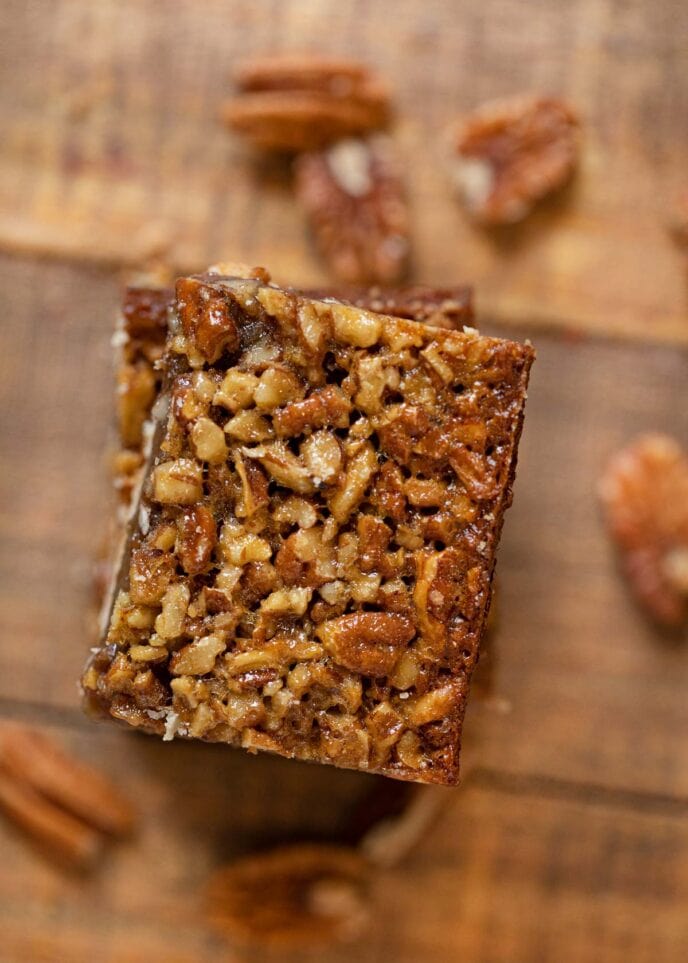 Pecan Pie Bars in stack, top-down view