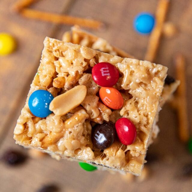 Rice Krispies Trail Mix Bars, top down view of stack