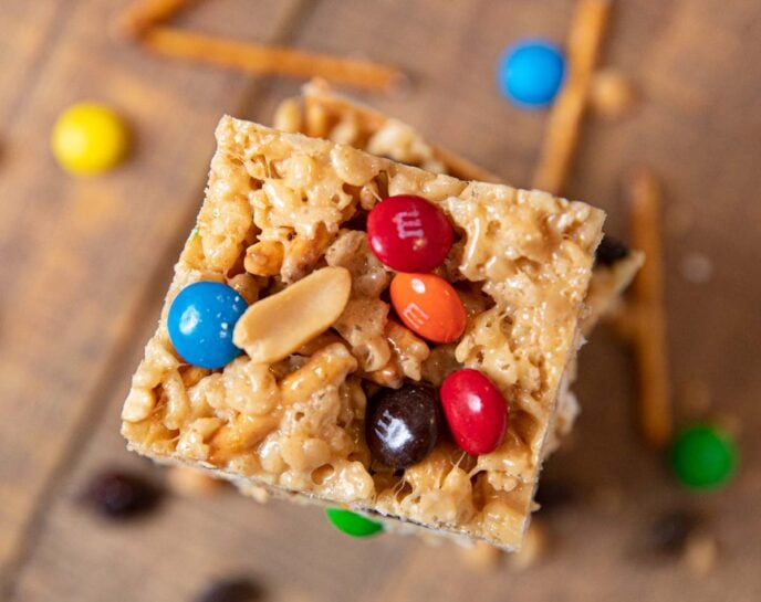 Rice Krispies Trail Mix Bars, top down view of stack