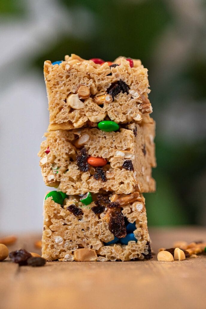 Rice Krispies Trail Mix Bars in stack