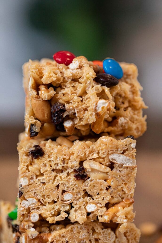 Rice Krispies Trail Mix Bars in stack
