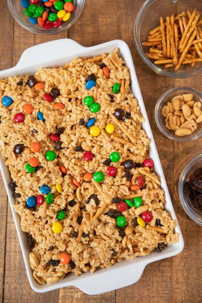 Rice Krispies Trail Mix Bars in baking dish