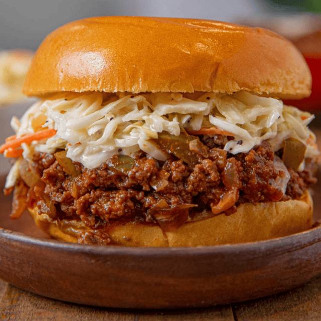 sloppy joe on wooden plate