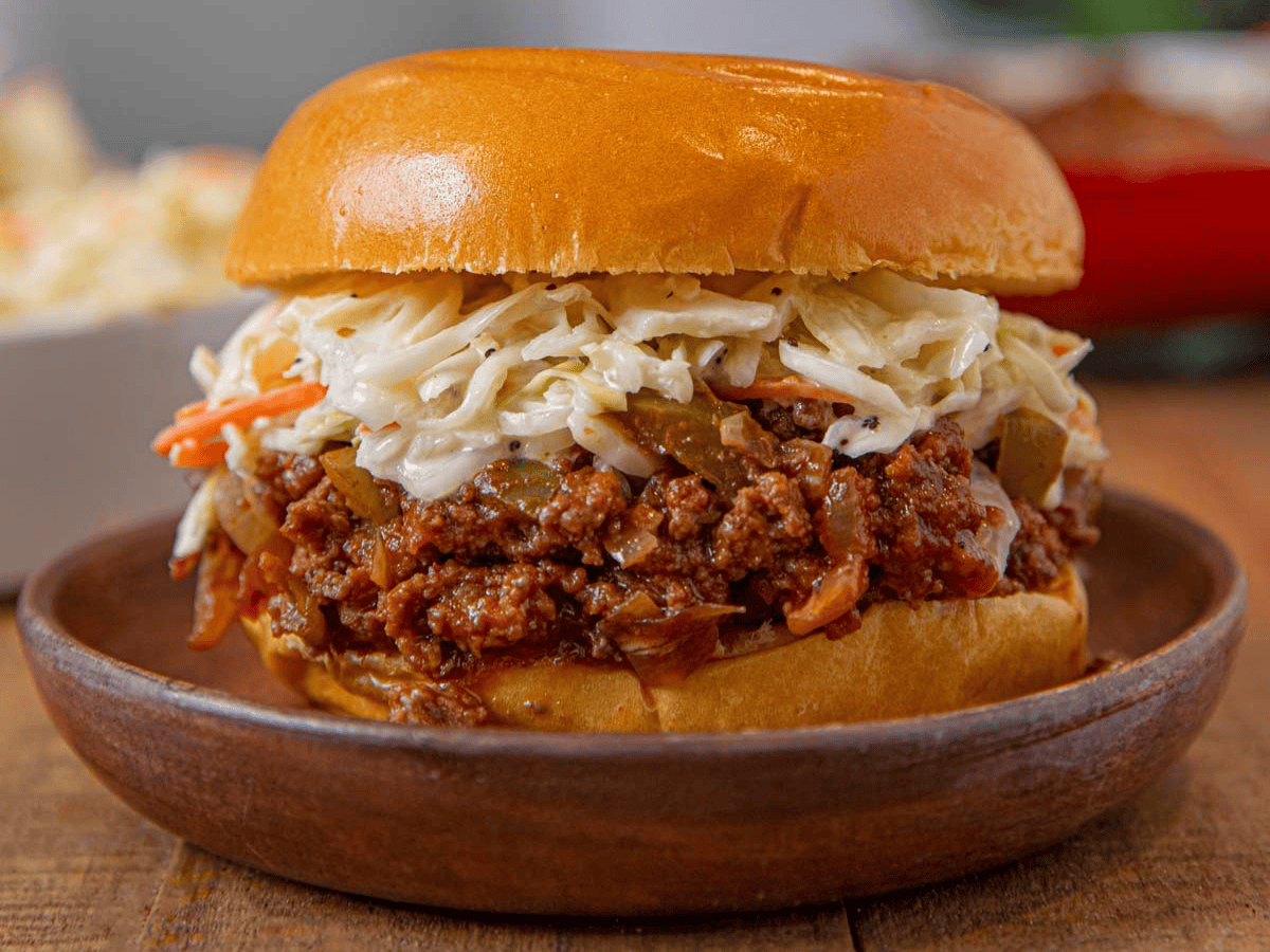 sloppy joe on wooden plate