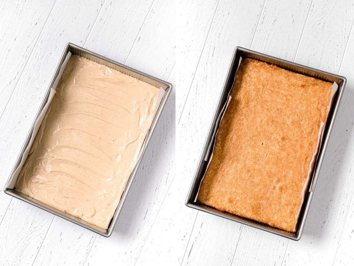 Snickerdoodle Sheet Cake batter in pan before and after baking