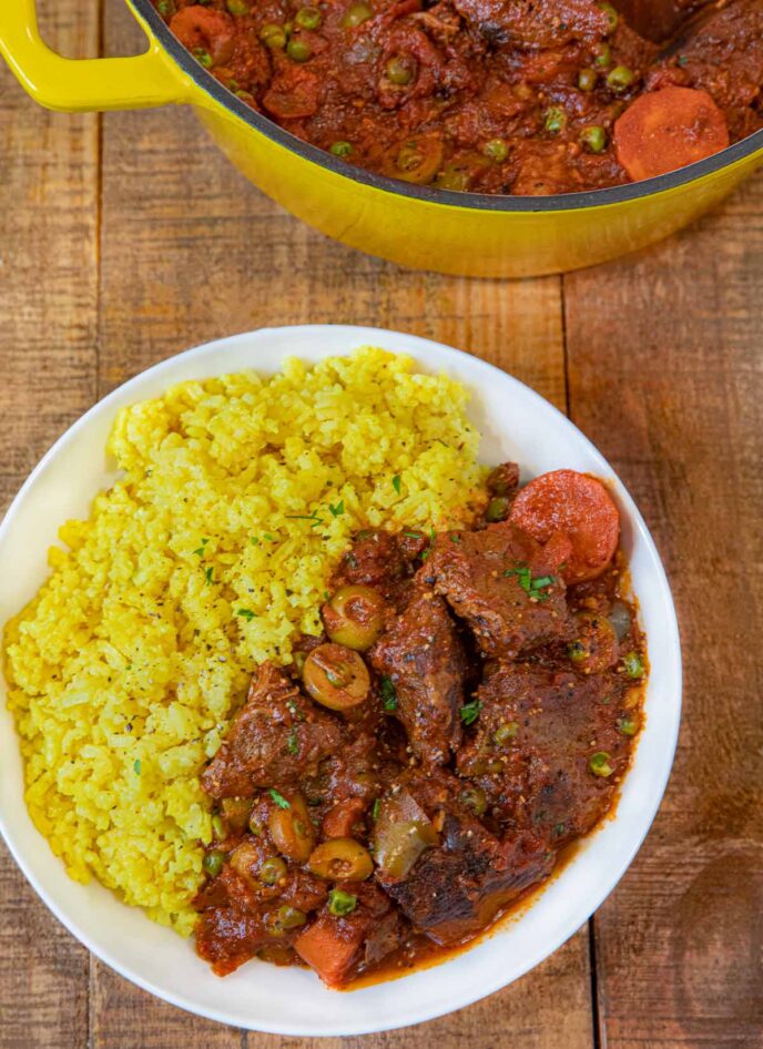 Bowl of Spanish Beef Stew with Latin Rice