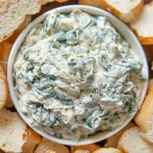 Dip in a serving bowl with slices of bread on the side.
