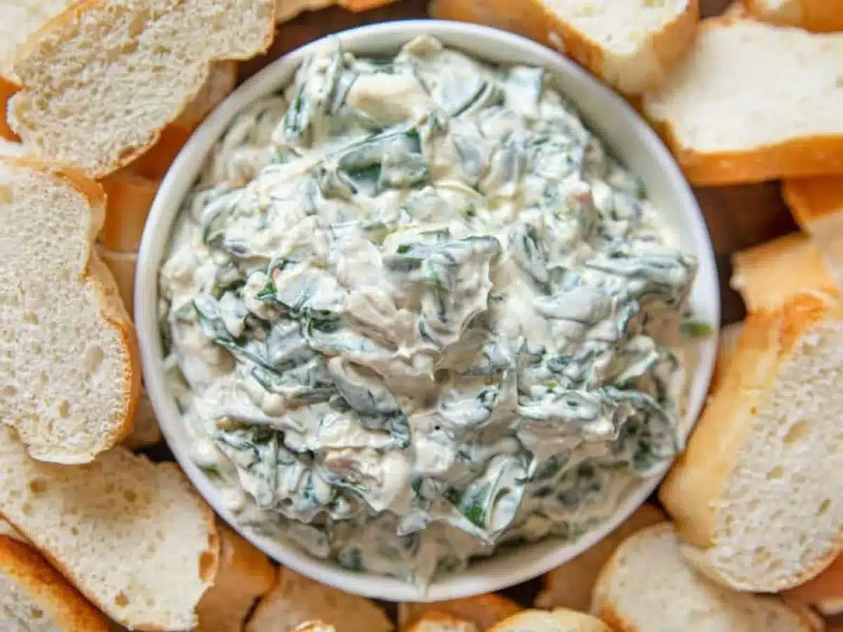 Dip in a serving bowl with slices of bread on the side.