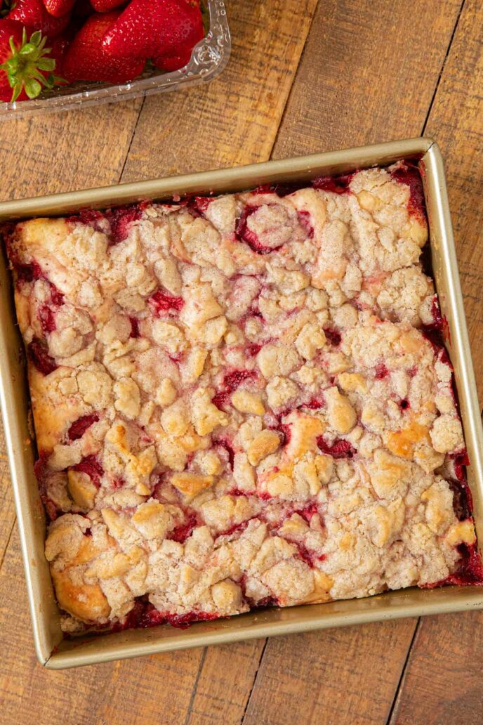 Strawberry Buckle in baking pan, top-down view