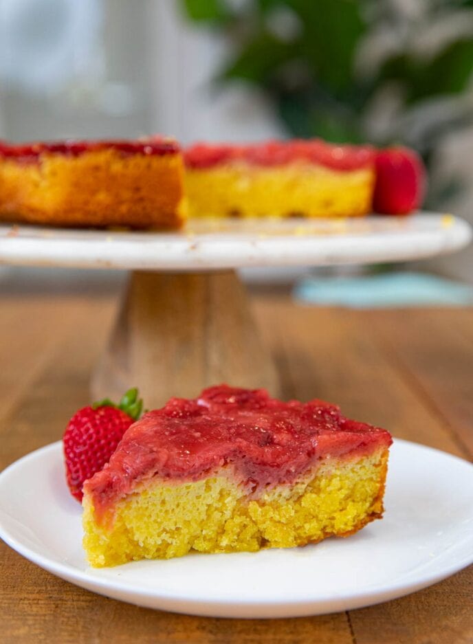 Strawberry Upside Down Cake slice on plate