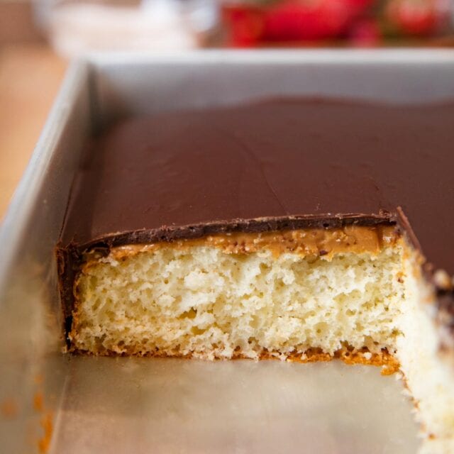 Tasty Kake Peanut Butter Tandy Cake in baking dish with slice removed