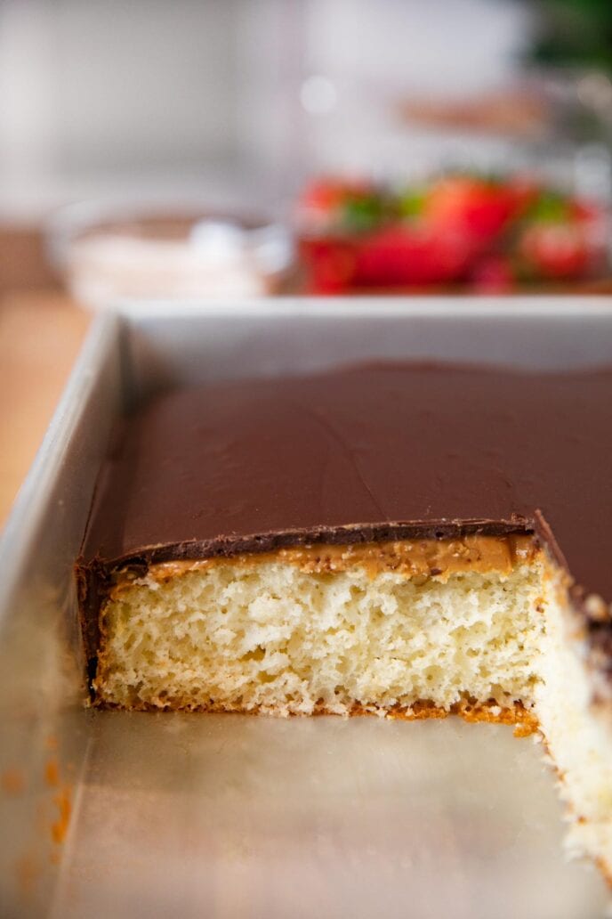 Tasty Kake Peanut Butter Tandy Cake in baking dish with slice removed