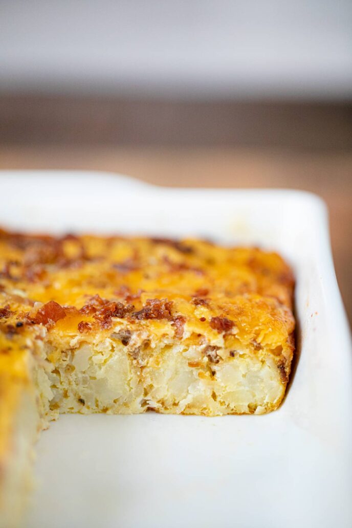 Tater Tot Breakfast Casserole cross section in baking dish