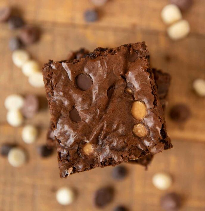 Triple Chocolate Brownies in stack, top-down view