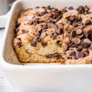 Chocolate Chip Coffee Cake sliced in baking pan