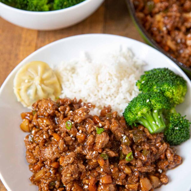 Ground Chicken Stir Fry on plate with rice and broccoli