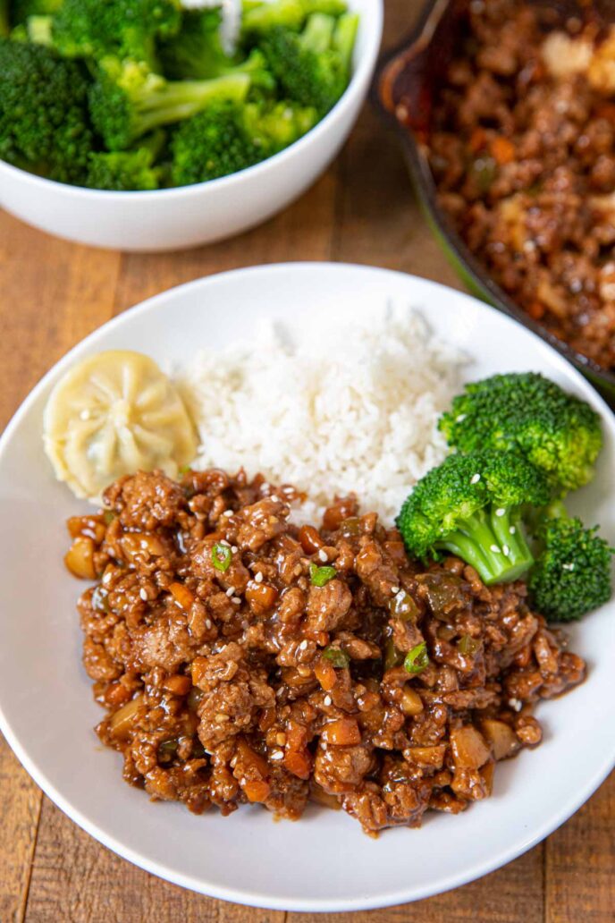 Ground Chicken Stir Fry on plate with rice and broccoli