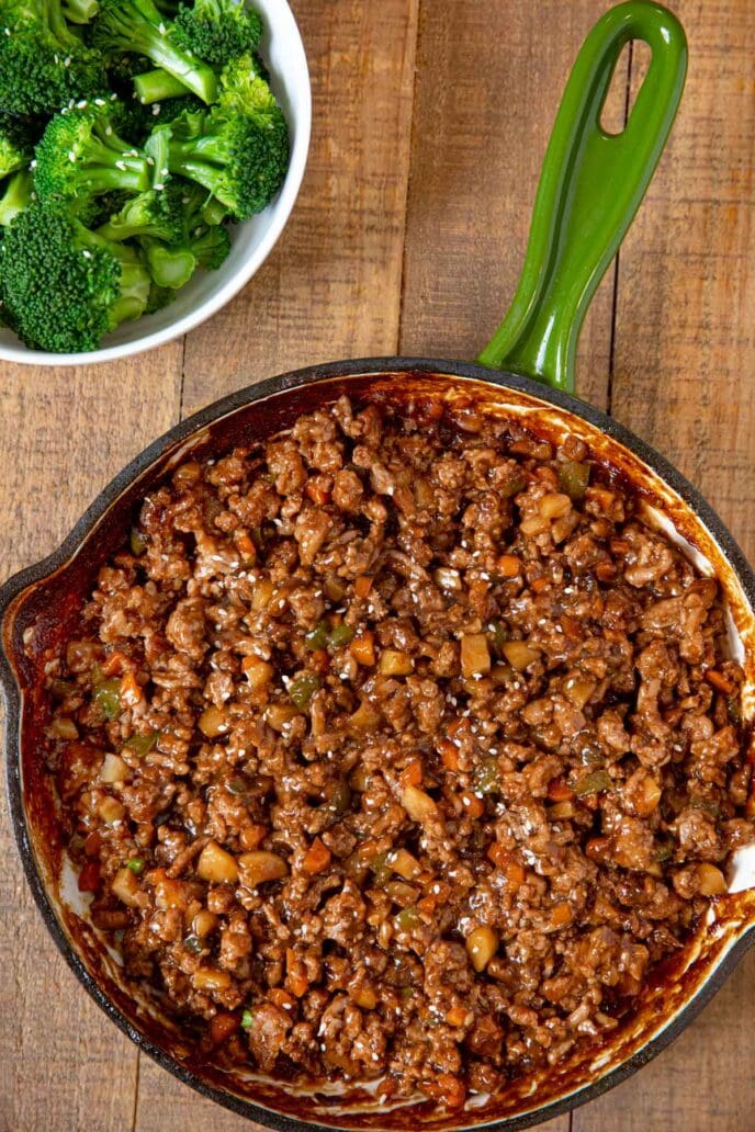 Ground Chicken Stir Fry in skillet with broccoli