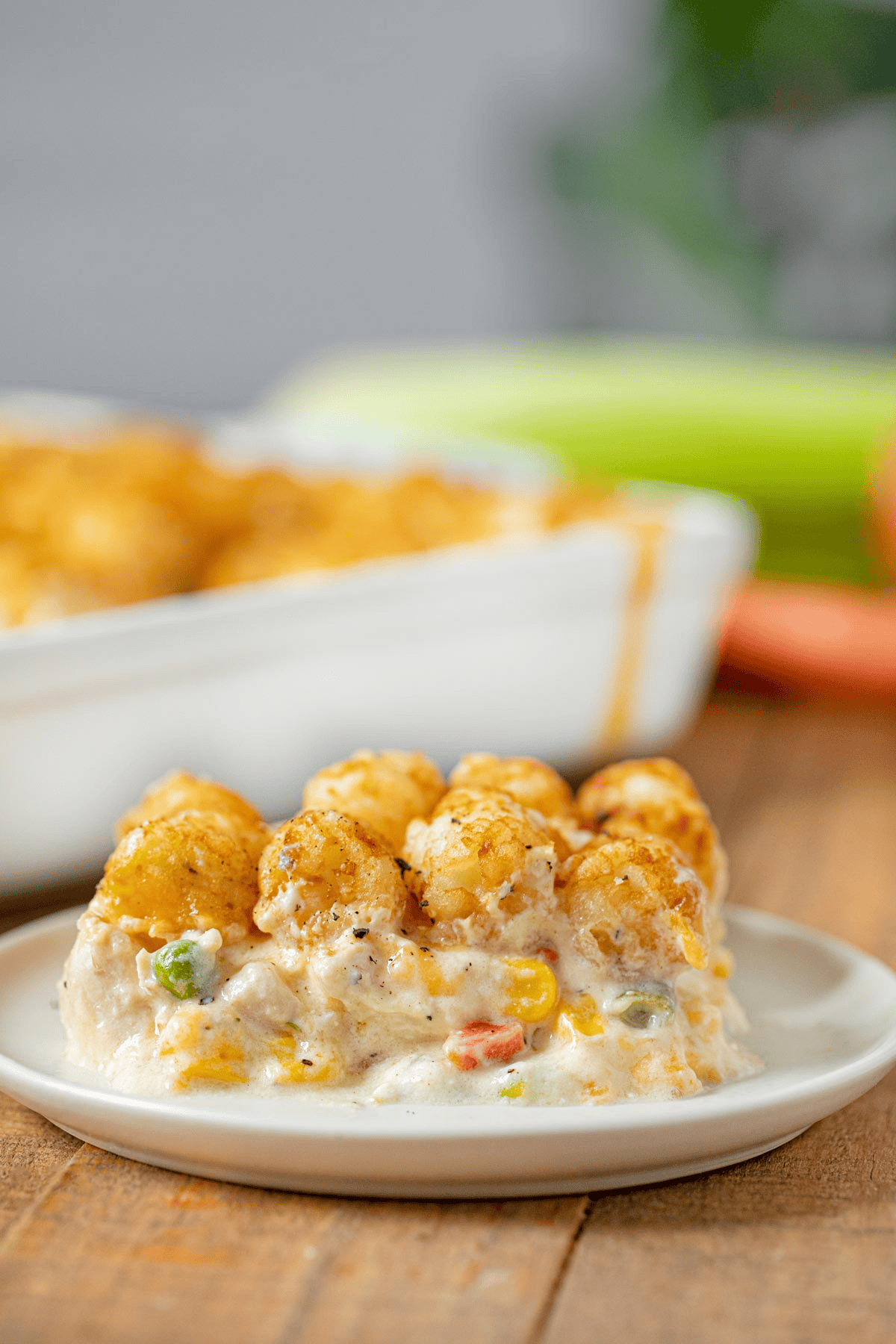 Casserole with potato topping on a serving plate