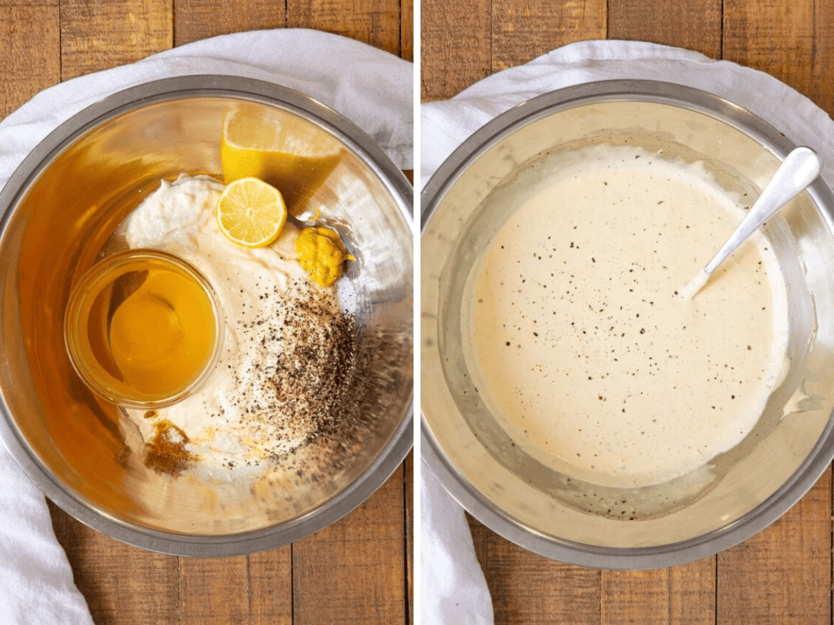collage of ingredients and finished mixing in a bowl