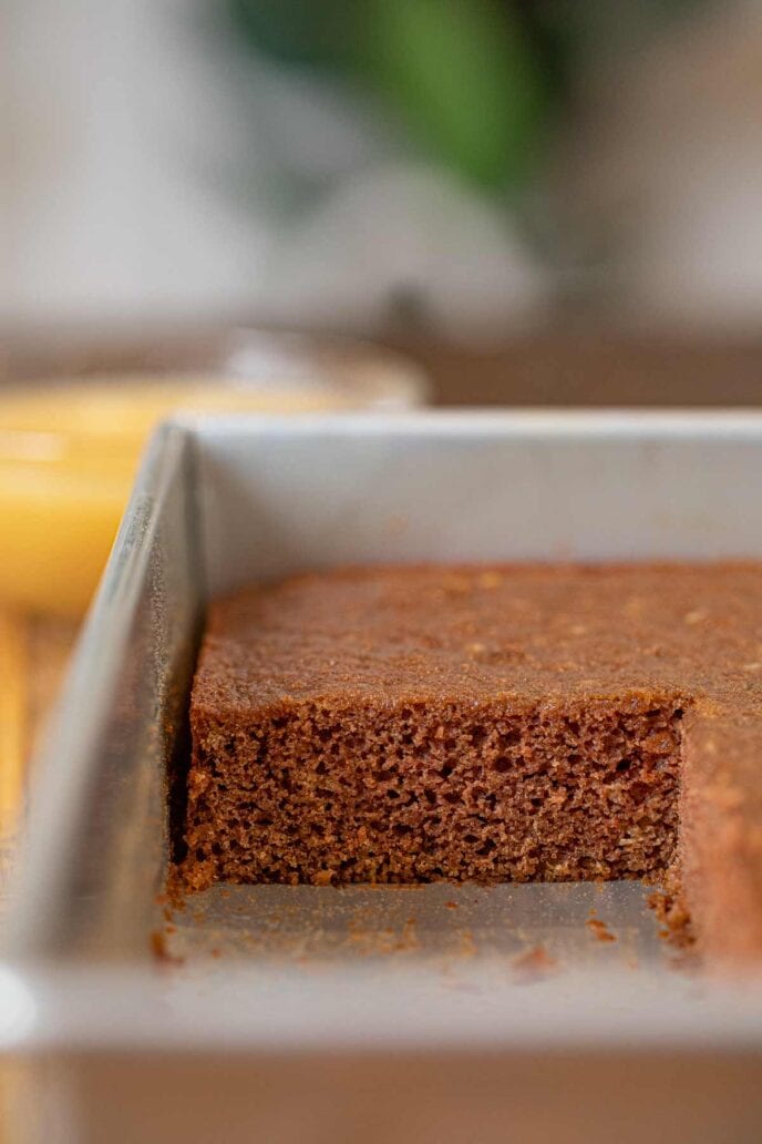 Applesauce Cake in baking pan, cross-section