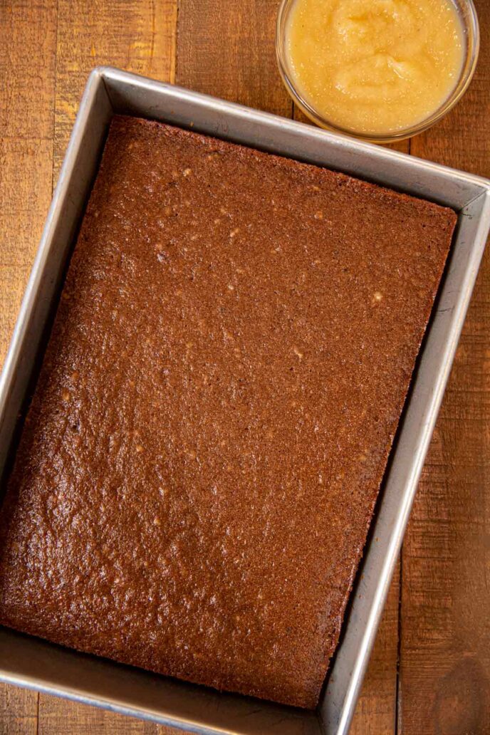 Applesauce Cake in baking pan, top-down