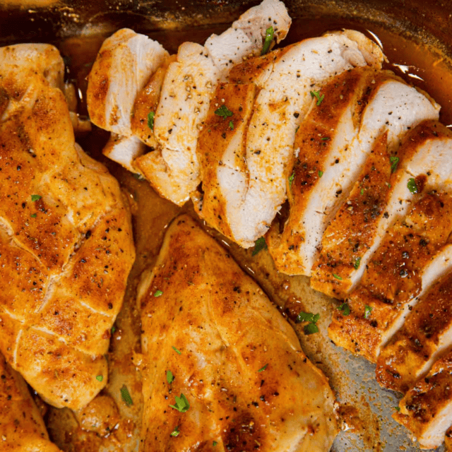 sliced chicken on pan